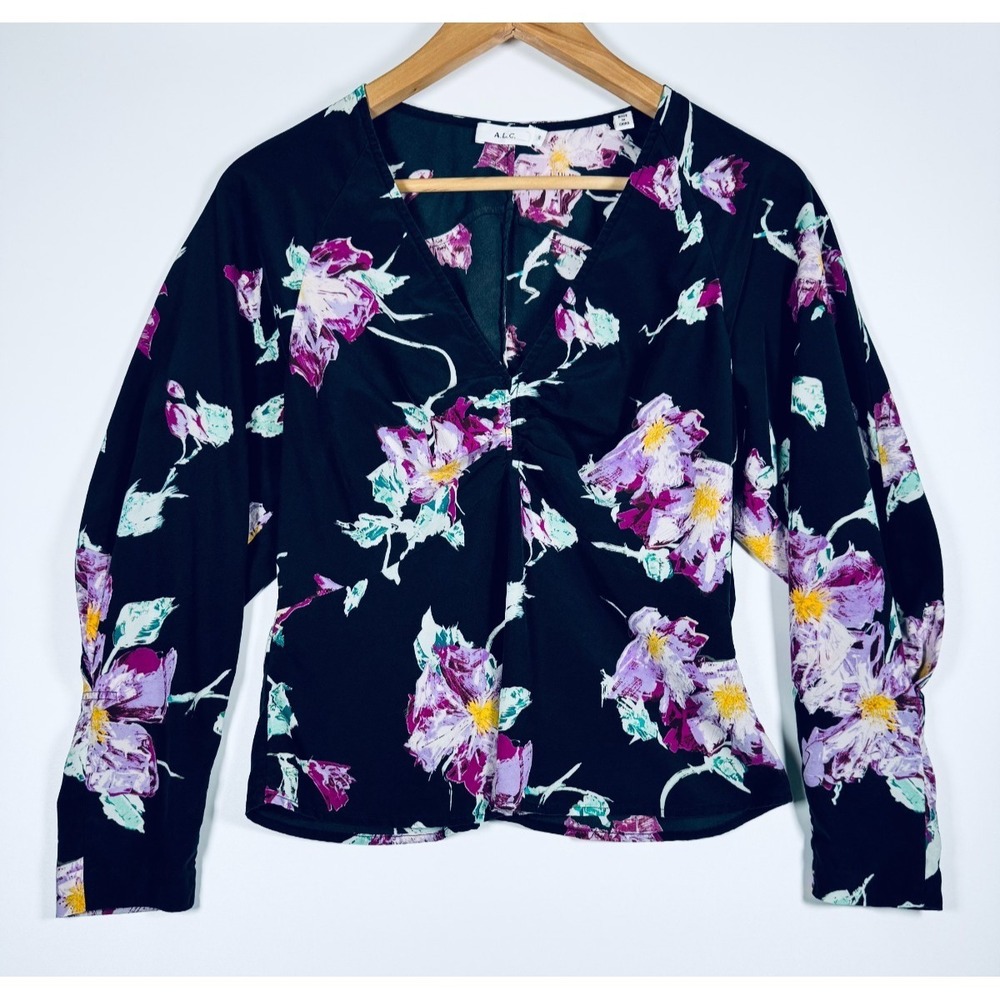 ALC Millie Silk Blouse Women 6 Black Floral Long Sleeve V Neck Top Modern Career